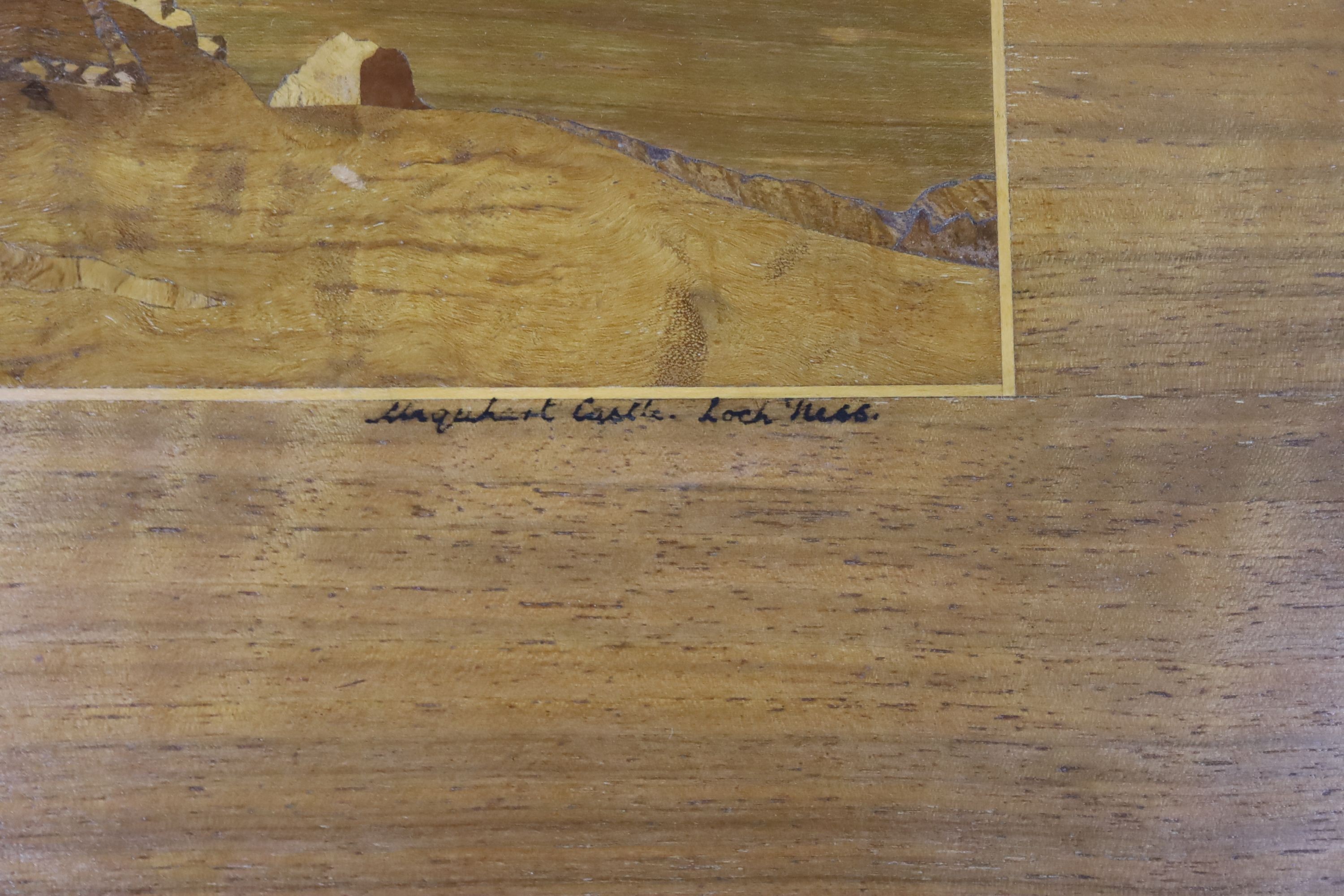 Two Scottish Bemochie marquetry panels, Urquhart Castle, Loch Ness and Loch Rannoch, dated 1949 and 1948 resp., 31 x 47cm